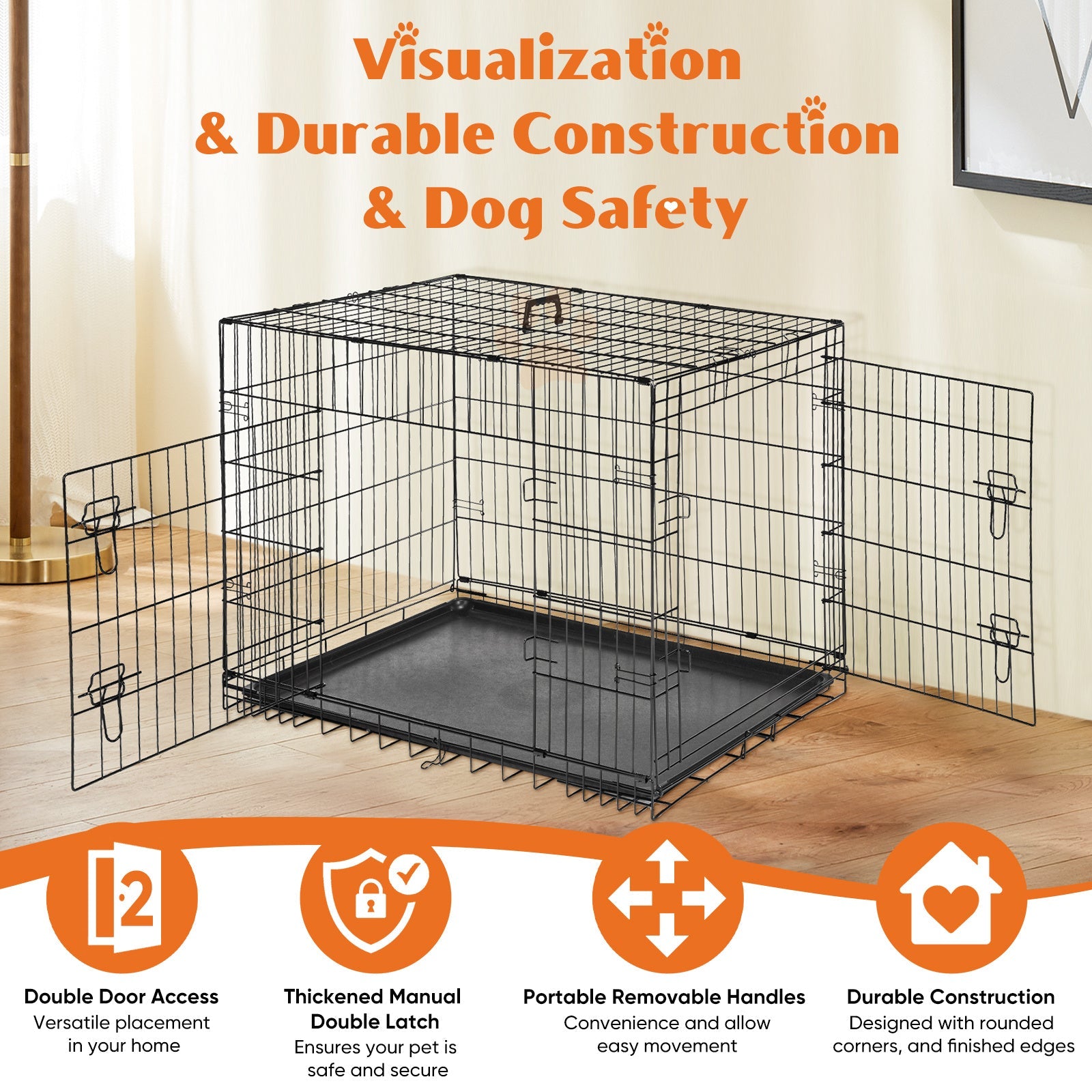 HKM-831507 Durable Double Door Dog Cage with Removable Tray, Multiple Sizes Available
