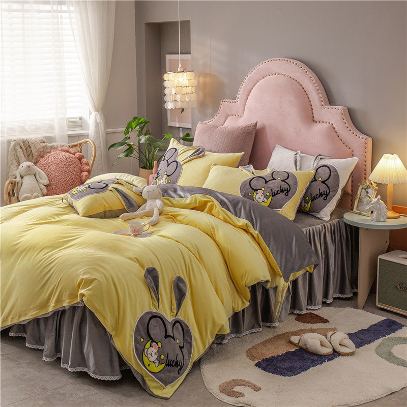 HKM-832659 Coral Velvet Cartoon Anime Duvet Cover Set with Bed Skirt - 4 Pieces in Various Colors