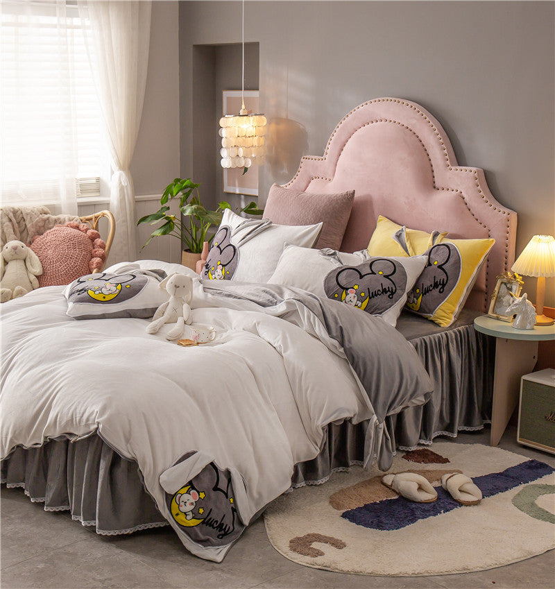 HKM-832659 Coral Velvet Cartoon Anime Duvet Cover Set with Bed Skirt - 4 Pieces in Various Colors