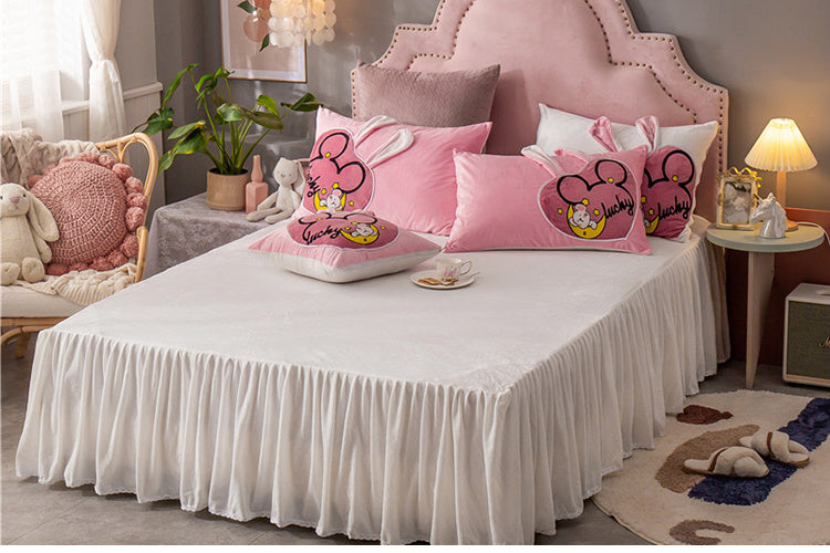 HKM-832659 Coral Velvet Cartoon Anime Duvet Cover Set with Bed Skirt - 4 Pieces in Various Colors