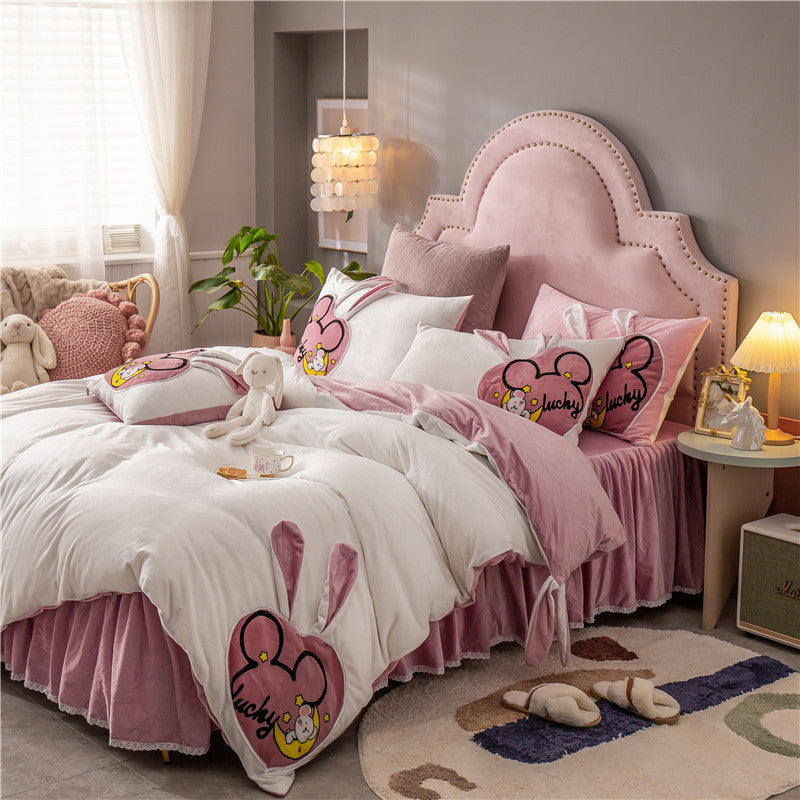 HKM-832659 Coral Velvet Cartoon Anime Duvet Cover Set with Bed Skirt - 4 Pieces in Various Colors