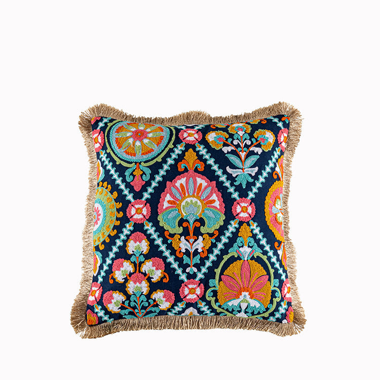 HKM-832723 Bohemian Embroidered Cotton Cushion Cover with Tassels for Home Decor