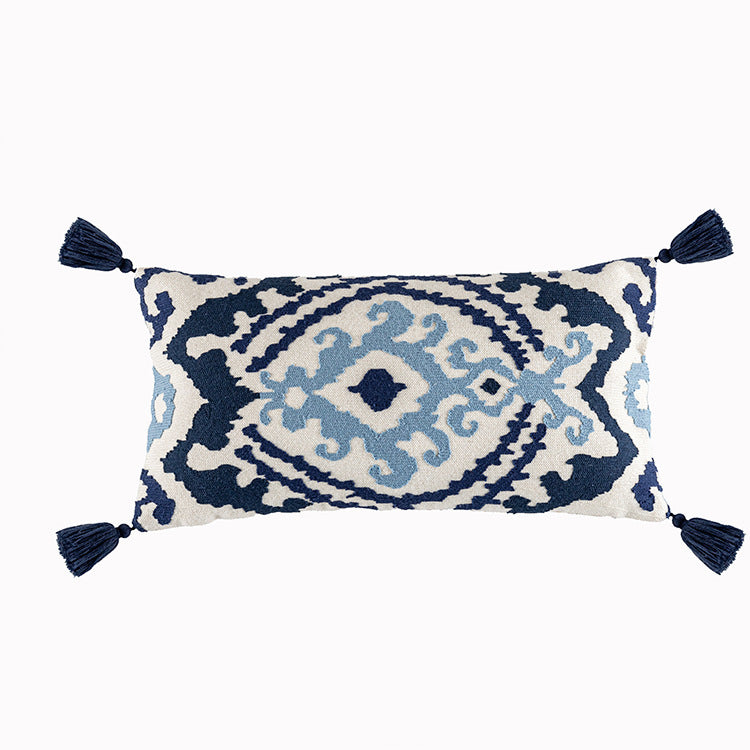 HKM-832723 Bohemian Embroidered Cotton Cushion Cover with Tassels for Home Decor