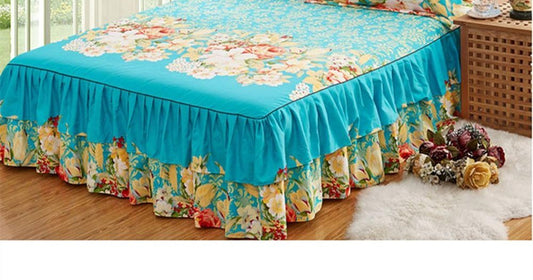 HKM-832979 Cotton Floral Bed Skirt with Matching Pillowcases – Available in Multiple Sizes