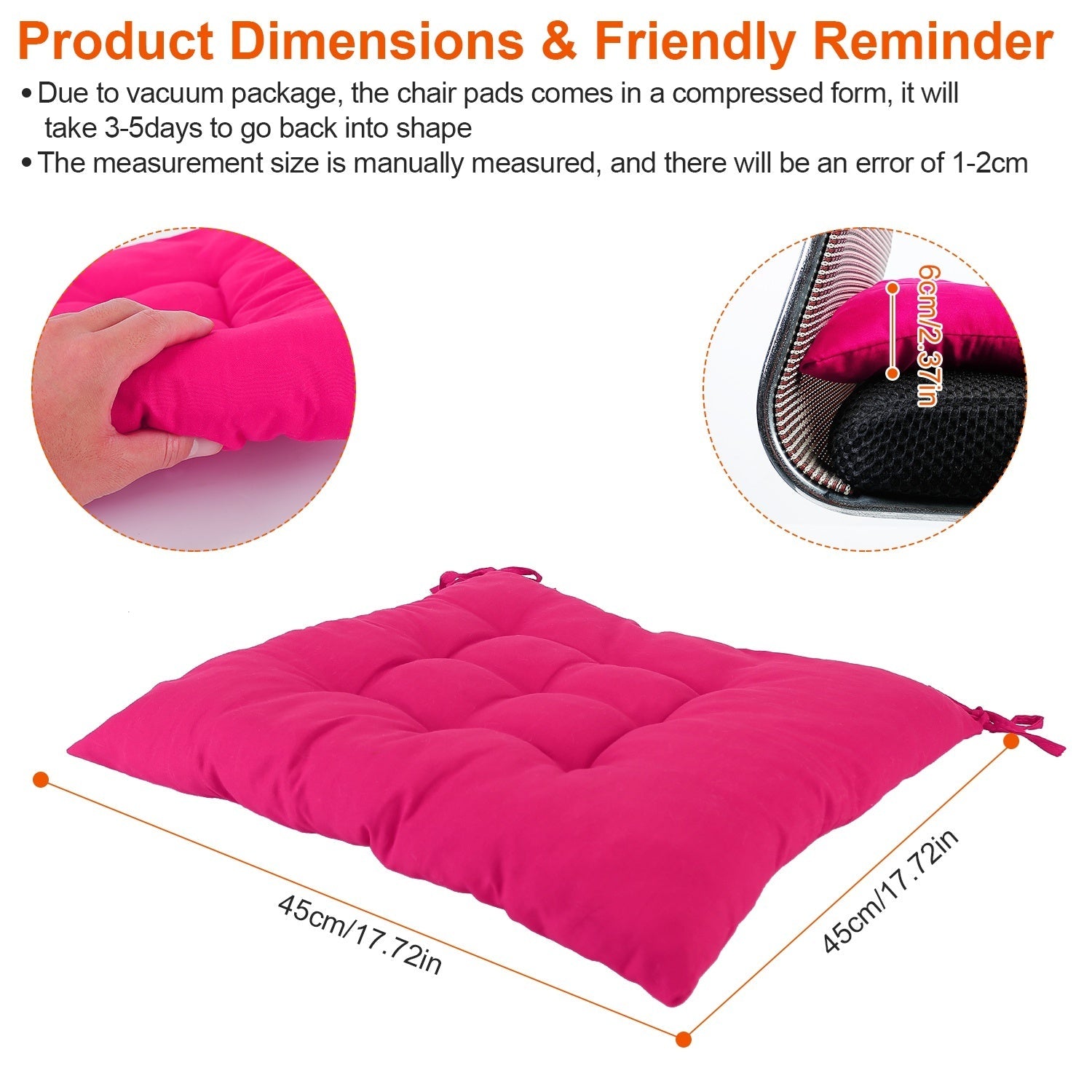 KTX-834195 4-Piece Soft Square Chair Cushion Set - 17.72in Comfortable Tie-On Seat Pads for Home, Office, and Travel