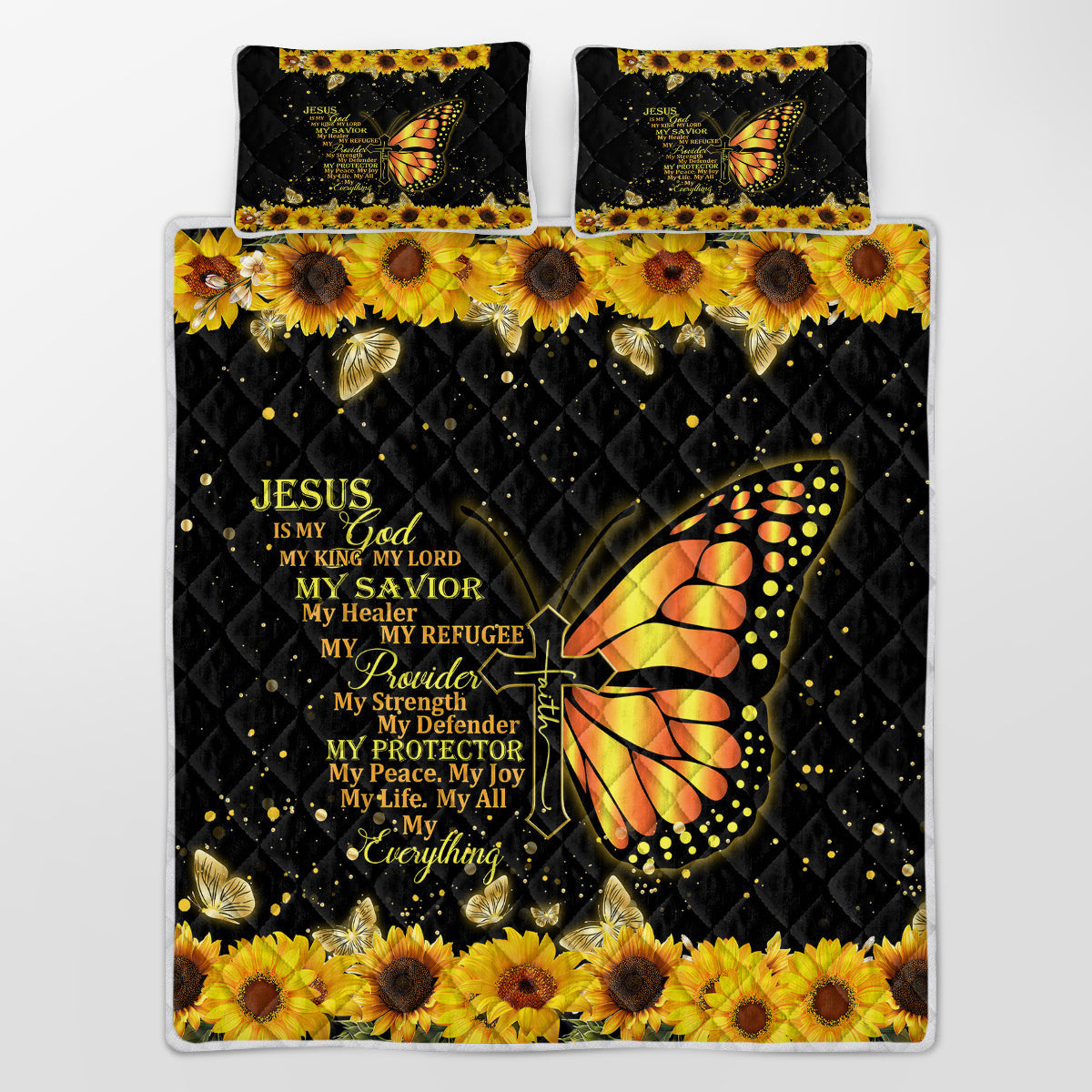 HKM-834643 3-Piece Butterfly and Sunflower Pattern Quilt Set with Pillowcases, Multiple Sizes Available