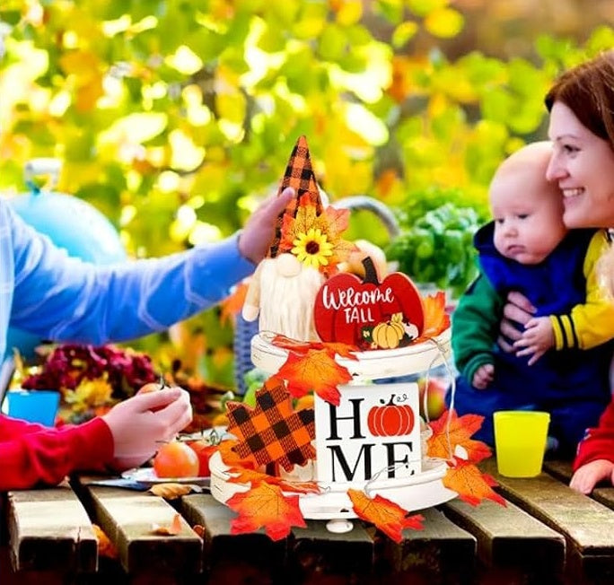 HKM-835091 Autumn Gnome Tiered Tray Decoration Set with Maple Leaf Lights and Greeting Cards