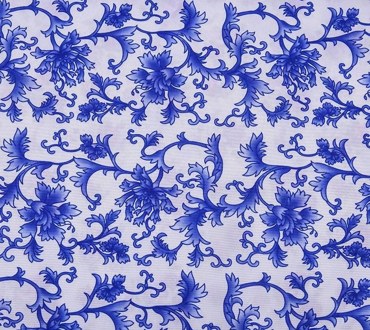 HKM-835795 Blue Floral Pattern Polyester Fabric on White Background - 1.5 x 1 Meter