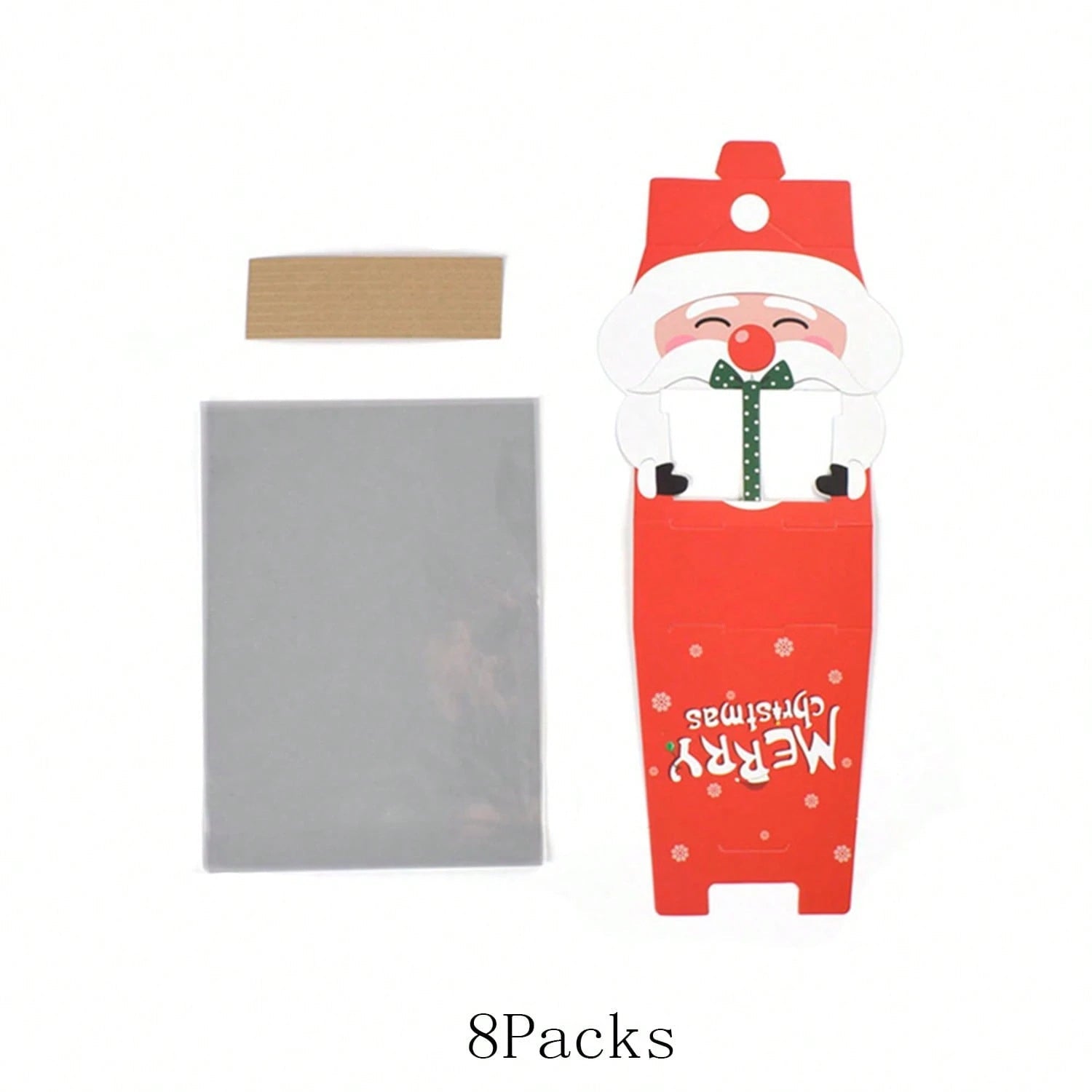 HKM-835923 Mini Christmas Treat Boxes with Santa Claus Design - 8 Pcs Gift Set with Cellophane Bags and Twist Ties for Holiday Party Supplies