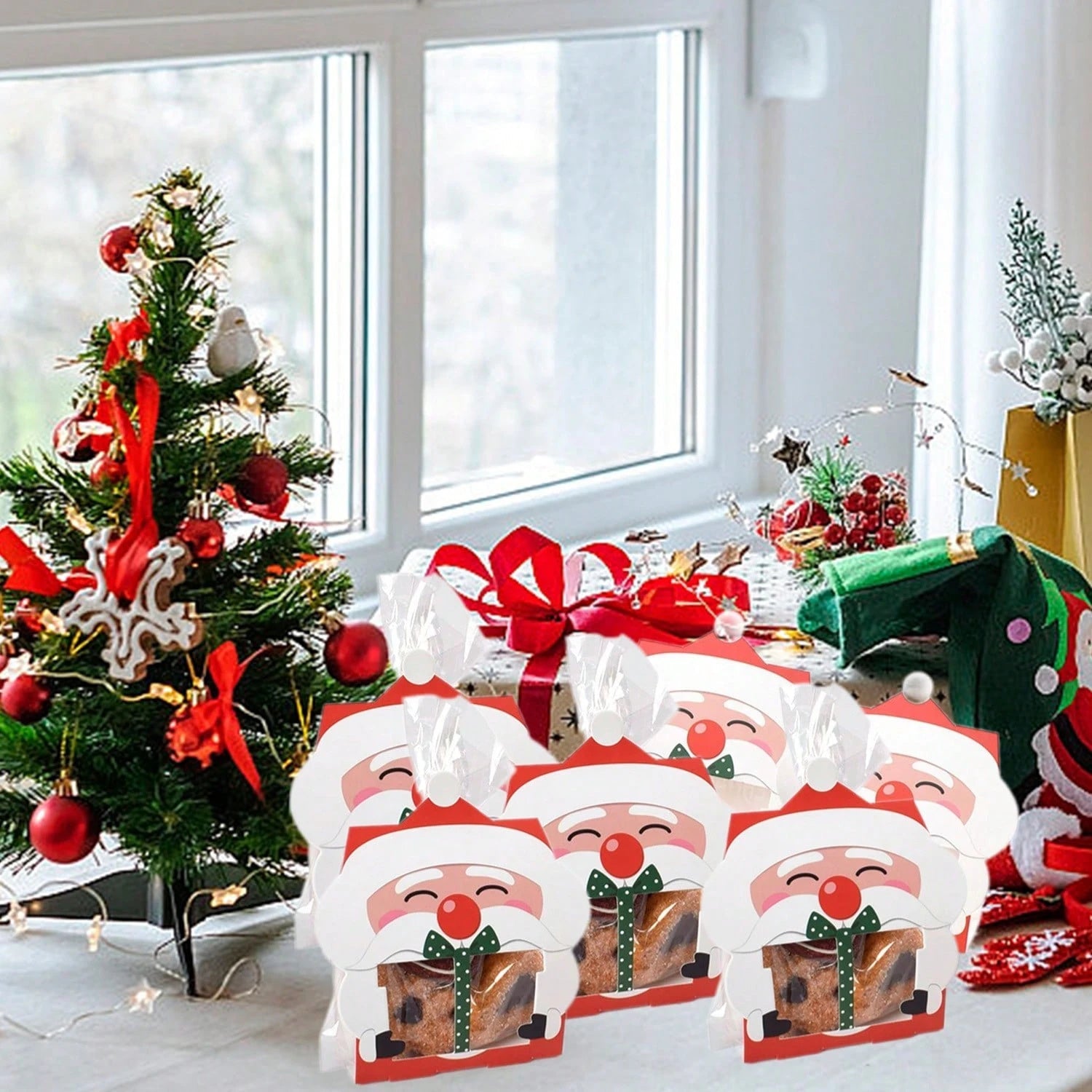 HKM-835923 Mini Christmas Treat Boxes with Santa Claus Design - 8 Pcs Gift Set with Cellophane Bags and Twist Ties for Holiday Party Supplies