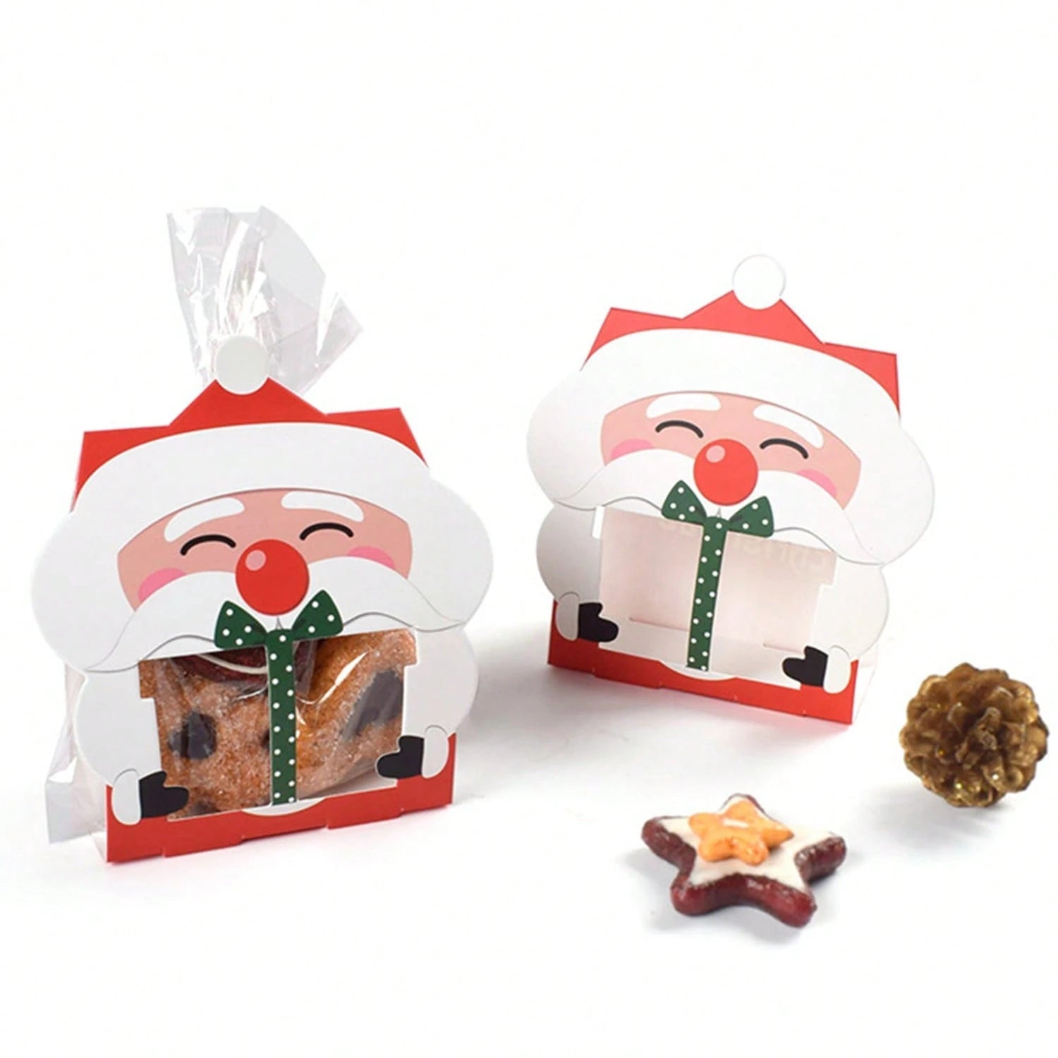 HKM-835923 Mini Christmas Treat Boxes with Santa Claus Design - 8 Pcs Gift Set with Cellophane Bags and Twist Ties for Holiday Party Supplies