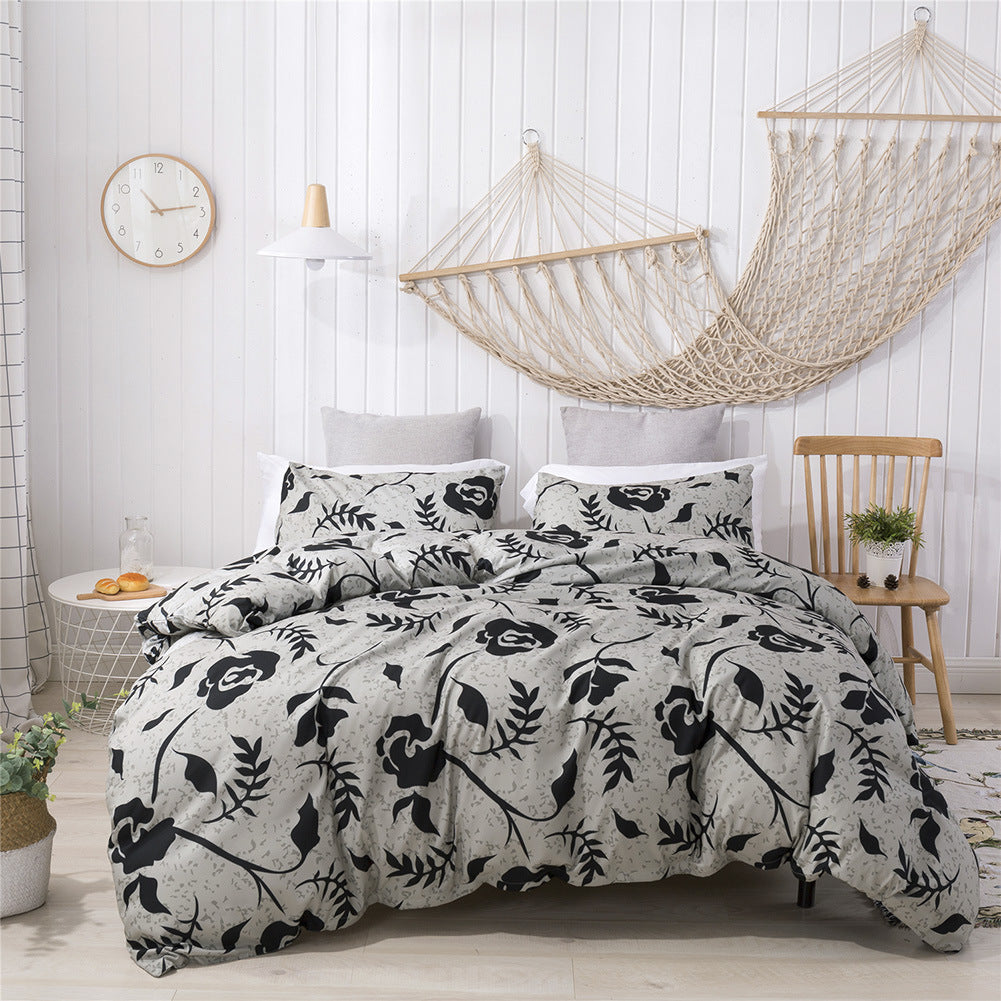 HKM-836115 Three Piece Polyester Printed Brushed Quilt Cover Set with Pillowcases, Available in Multiple Floral Designs and Sizes