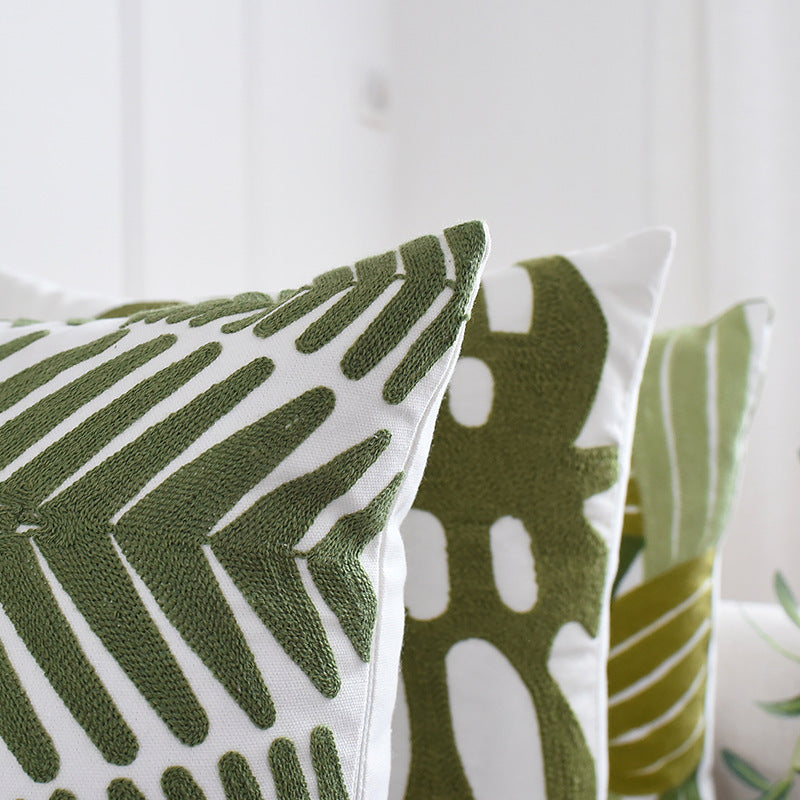 HKM-836499 Green Leaf Embroidery Cotton Sofa Pillowcase - 45x45cm