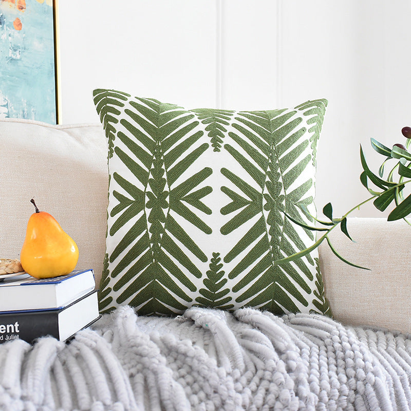 HKM-836499 Green Leaf Embroidery Cotton Sofa Pillowcase - 45x45cm