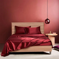 HKM-836883 Navy Blue Four-Piece Satin Silk Bedding Set with Quilt Cover, Bed Sheet, and Pillowcases