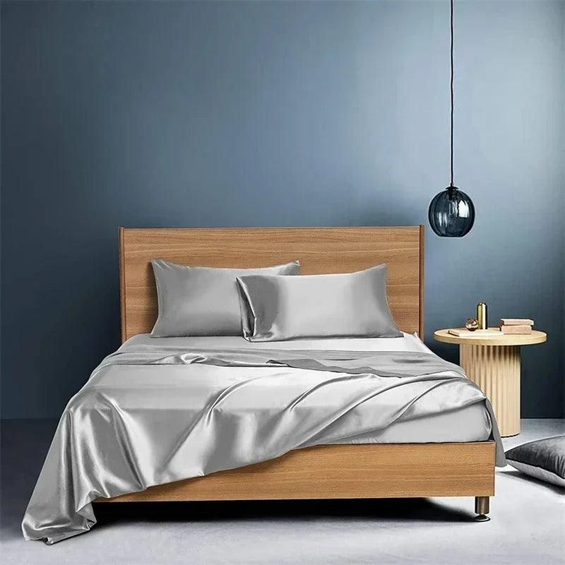 HKM-836883 Navy Blue Four-Piece Satin Silk Bedding Set with Quilt Cover, Bed Sheet, and Pillowcases
