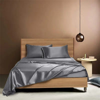 HKM-836883 Navy Blue Four-Piece Satin Silk Bedding Set with Quilt Cover, Bed Sheet, and Pillowcases