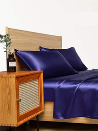 HKM-836883 Navy Blue Four-Piece Satin Silk Bedding Set with Quilt Cover, Bed Sheet, and Pillowcases