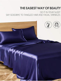 HKM-836883 Navy Blue Four-Piece Satin Silk Bedding Set with Quilt Cover, Bed Sheet, and Pillowcases
