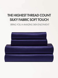 HKM-836883 Navy Blue Four-Piece Satin Silk Bedding Set with Quilt Cover, Bed Sheet, and Pillowcases