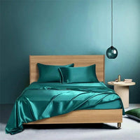 HKM-836883 Navy Blue Four-Piece Satin Silk Bedding Set with Quilt Cover, Bed Sheet, and Pillowcases