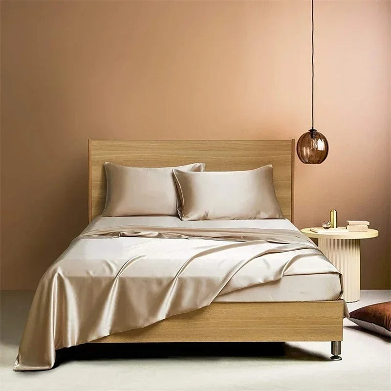 HKM-836883 Navy Blue Four-Piece Satin Silk Bedding Set with Quilt Cover, Bed Sheet, and Pillowcases
