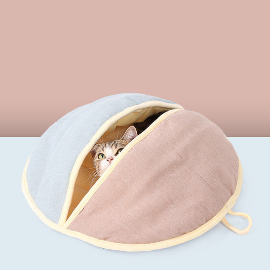 HKM-837651 Round Fan Cotton And Linen Wool Warm Semi Enclosed Pet Nest For Cat Small Dog