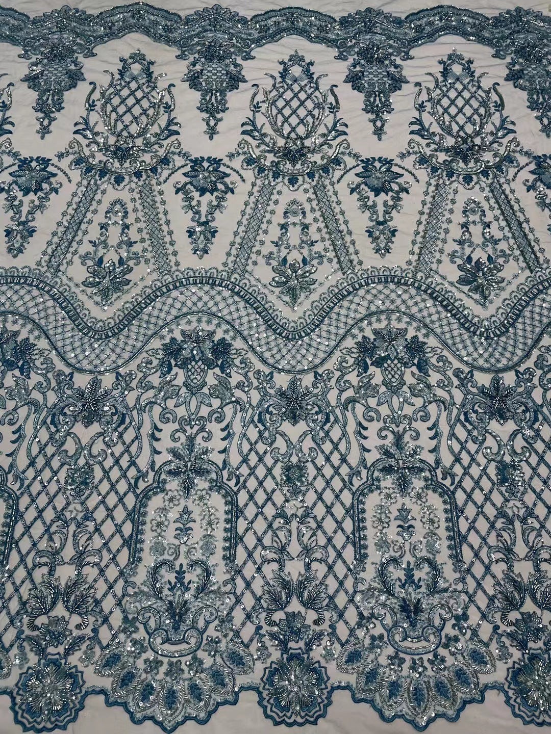 HKM-838099 Beaded Tulle Lace Fabric - 5 Yards in Blue, Sky Blue, Purple, White, Orange Pink, Gold for Spring and Summer