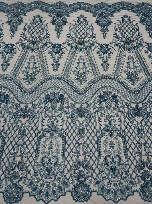 HKM-838099 Beaded Tulle Lace Fabric - 5 Yards in Blue, Sky Blue, Purple, White, Orange Pink, Gold for Spring and Summer