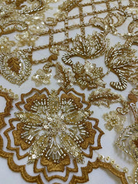 HKM-838099 Beaded Tulle Lace Fabric - 5 Yards in Blue, Sky Blue, Purple, White, Orange Pink, Gold for Spring and Summer