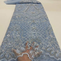 HKM-838099 Beaded Tulle Lace Fabric - 5 Yards in Blue, Sky Blue, Purple, White, Orange Pink, Gold for Spring and Summer