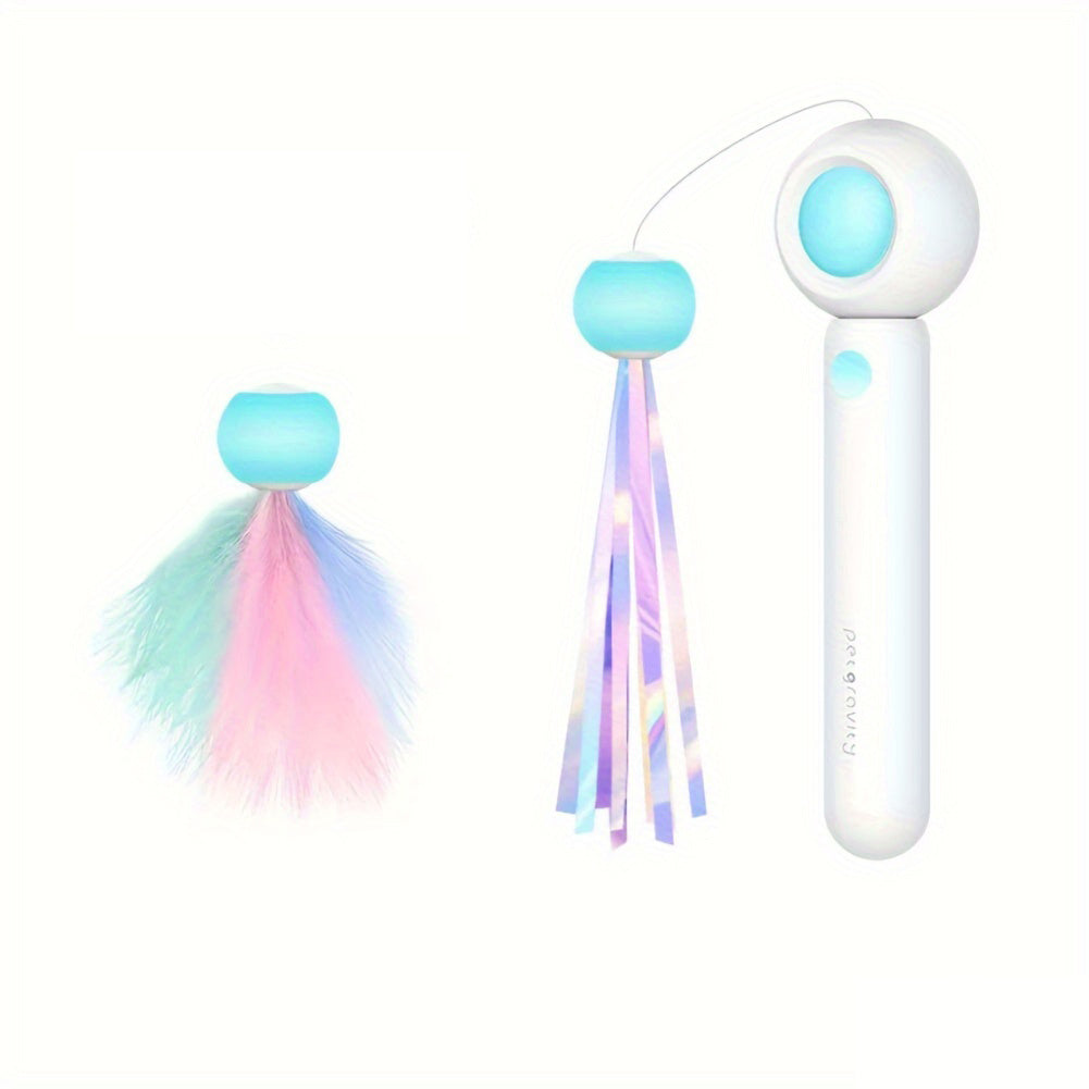 HKM-838099 Retractable Cat Teaser Wand with Replaceable Feather Head for Interactive Play