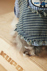 HKM-838739 Casual Blue Washed Plaid Sleeveless Denim Vest for Pets
