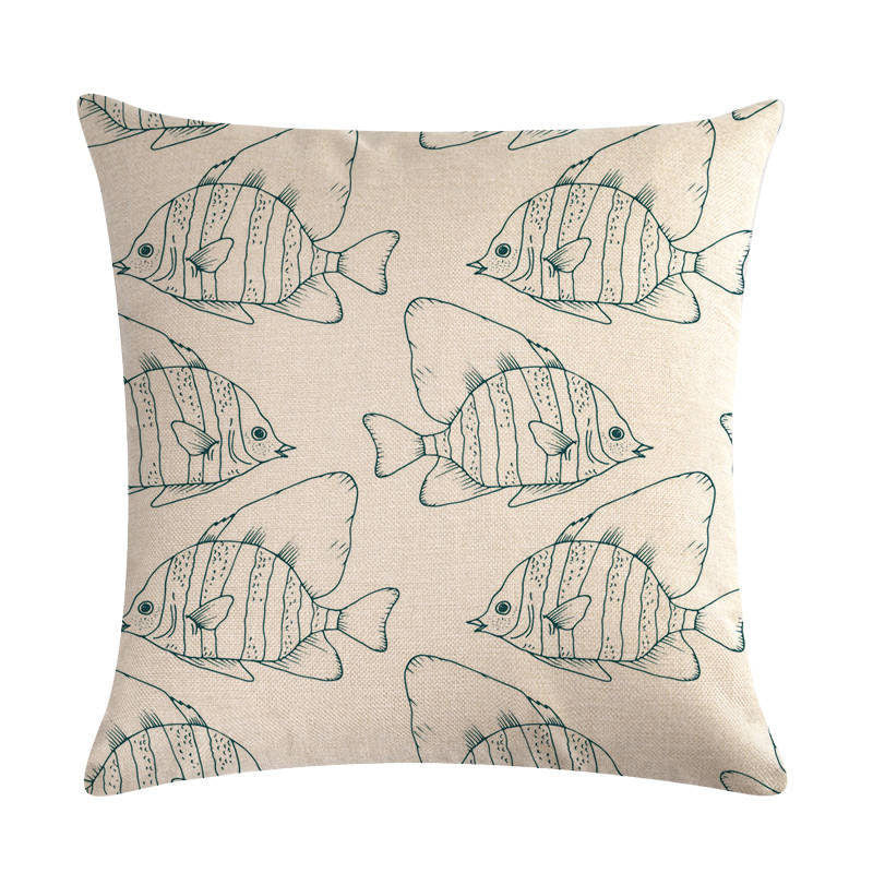 HKM-838803 Colorful Fish Design Linen Pillowcase - PP Elastic Cotton Front with Plain Cotton and Linen Back, 45cm x 45cm