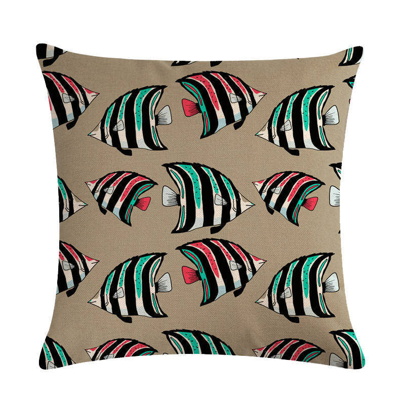 HKM-838803 Colorful Fish Design Linen Pillowcase - PP Elastic Cotton Front with Plain Cotton and Linen Back, 45cm x 45cm