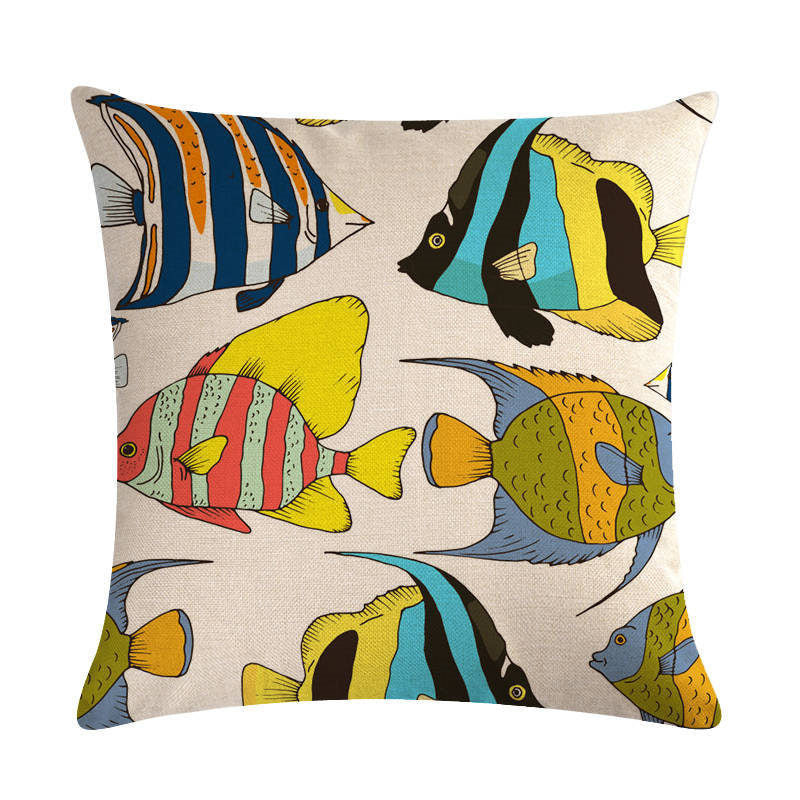 HKM-838803 Colorful Fish Design Linen Pillowcase - PP Elastic Cotton Front with Plain Cotton and Linen Back, 45cm x 45cm