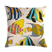 HKM-838803 Colorful Fish Design Linen Pillowcase - PP Elastic Cotton Front with Plain Cotton and Linen Back, 45cm x 45cm