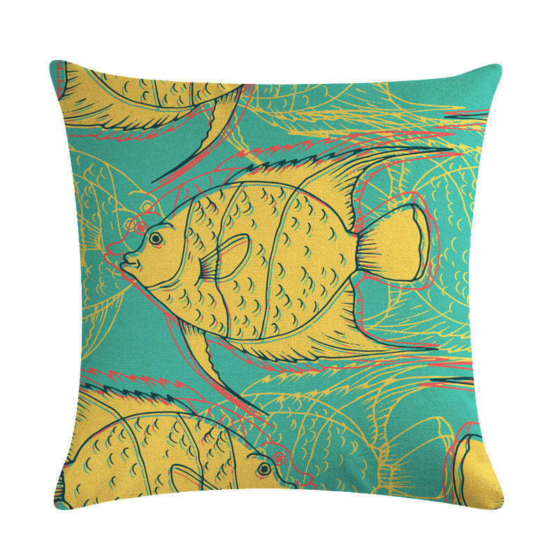 HKM-838803 Colorful Fish Design Linen Pillowcase - PP Elastic Cotton Front with Plain Cotton and Linen Back, 45cm x 45cm