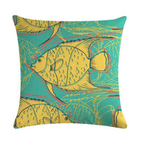 HKM-838803 Colorful Fish Design Linen Pillowcase - PP Elastic Cotton Front with Plain Cotton and Linen Back, 45cm x 45cm