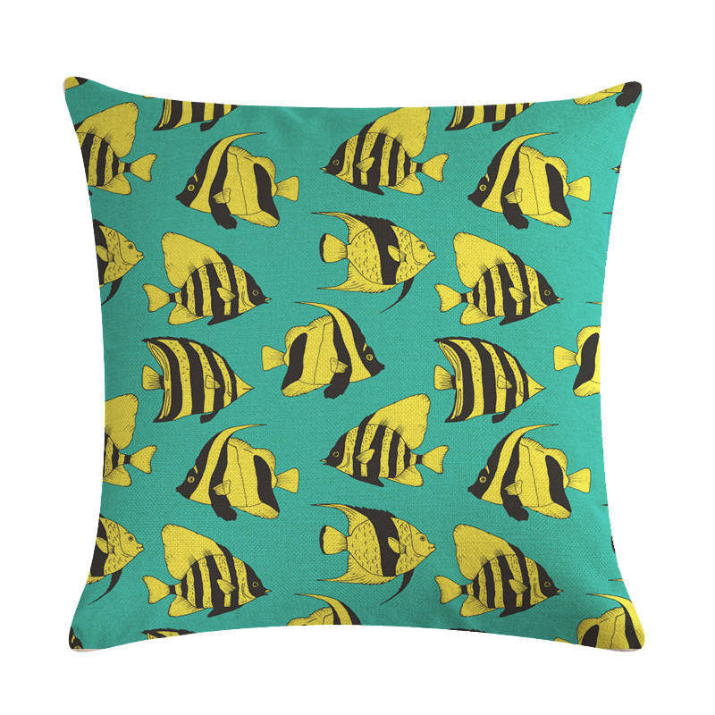 HKM-838803 Colorful Fish Design Linen Pillowcase - PP Elastic Cotton Front with Plain Cotton and Linen Back, 45cm x 45cm