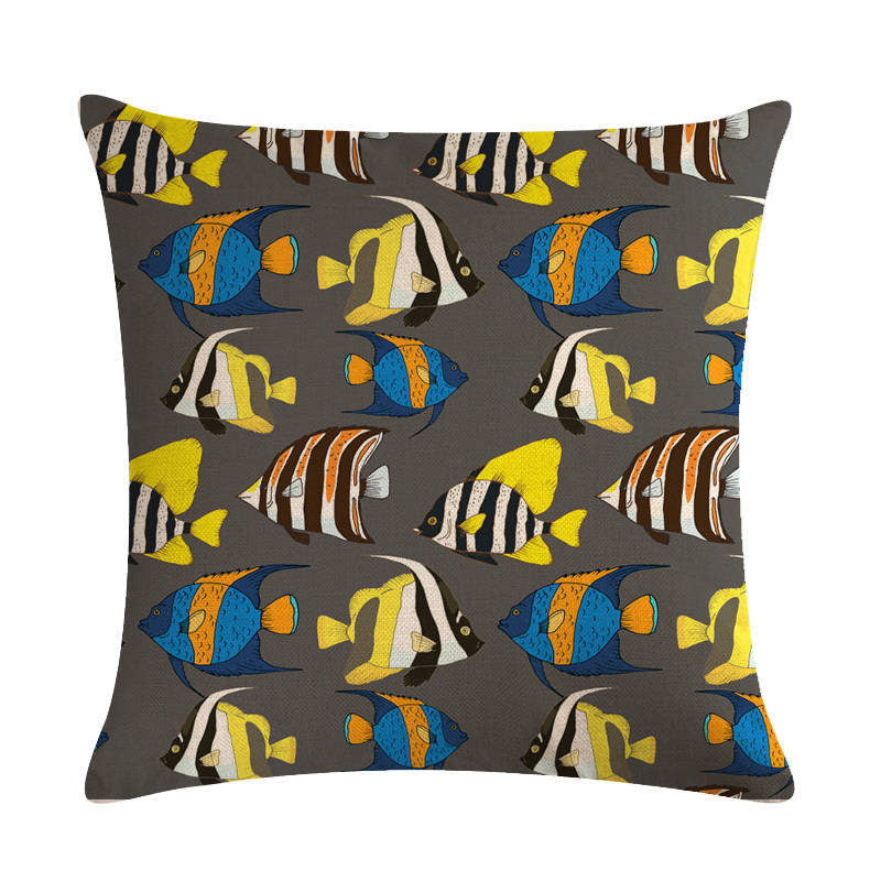 HKM-838803 Colorful Fish Design Linen Pillowcase - PP Elastic Cotton Front with Plain Cotton and Linen Back, 45cm x 45cm