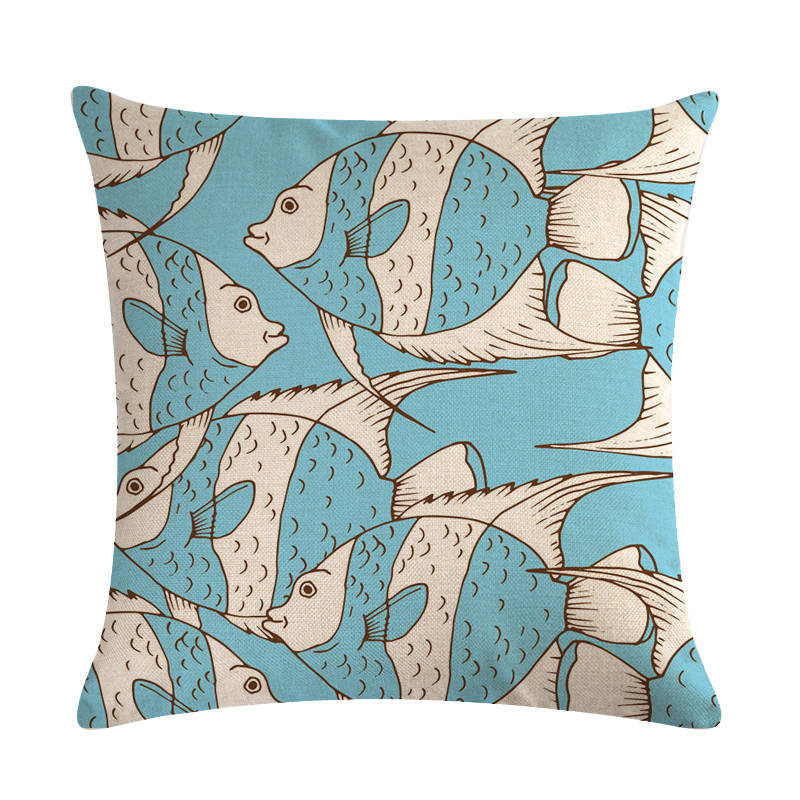 HKM-838803 Colorful Fish Design Linen Pillowcase - PP Elastic Cotton Front with Plain Cotton and Linen Back, 45cm x 45cm