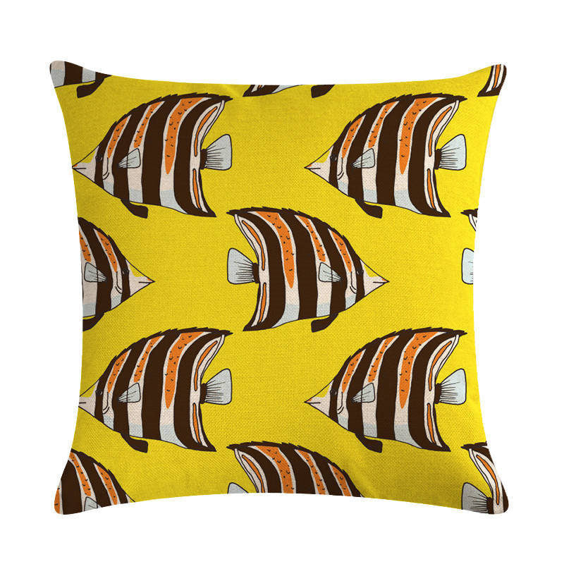 HKM-838803 Colorful Fish Design Linen Pillowcase - PP Elastic Cotton Front with Plain Cotton and Linen Back, 45cm x 45cm