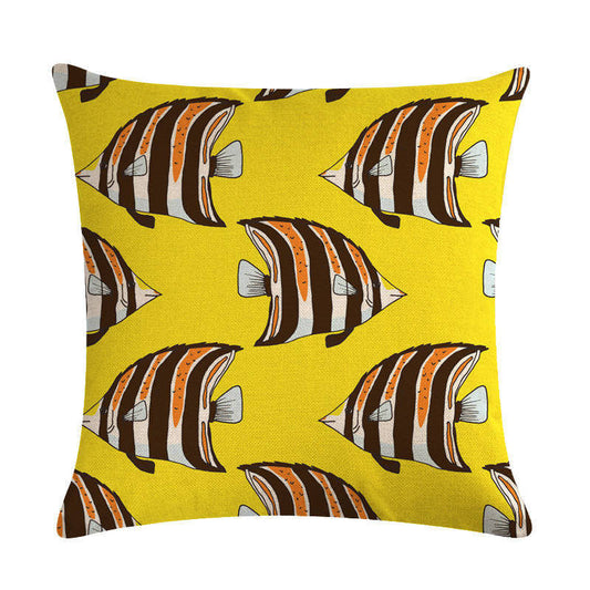 HKM-838803 Colorful Fish Design Linen Pillowcase - PP Elastic Cotton Front with Plain Cotton and Linen Back, 45cm x 45cm
