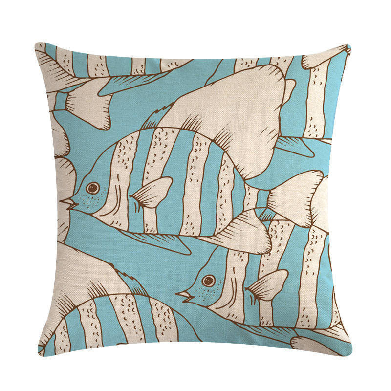 HKM-838803 Colorful Fish Design Linen Pillowcase - PP Elastic Cotton Front with Plain Cotton and Linen Back, 45cm x 45cm
