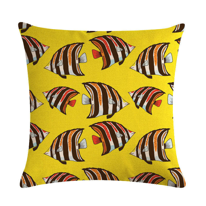 HKM-838803 Colorful Fish Design Linen Pillowcase - PP Elastic Cotton Front with Plain Cotton and Linen Back, 45cm x 45cm