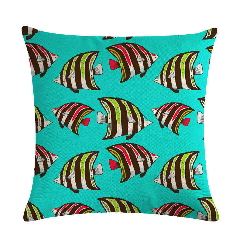 HKM-838803 Colorful Fish Design Linen Pillowcase - PP Elastic Cotton Front with Plain Cotton and Linen Back, 45cm x 45cm