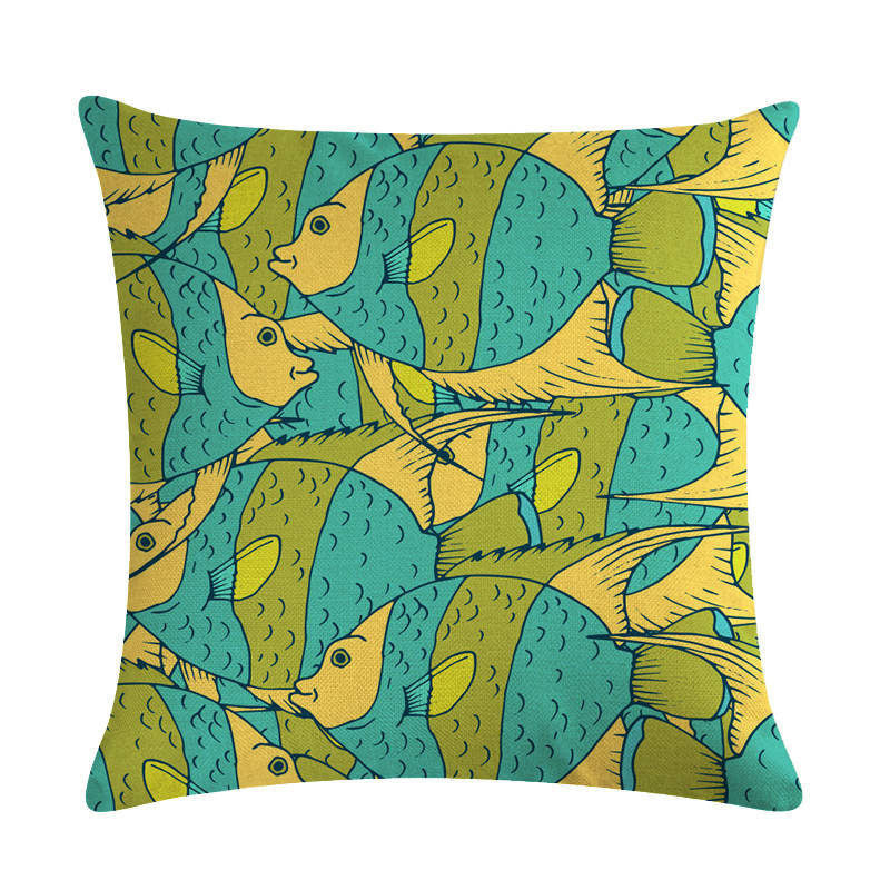 HKM-838803 Colorful Fish Design Linen Pillowcase - PP Elastic Cotton Front with Plain Cotton and Linen Back, 45cm x 45cm