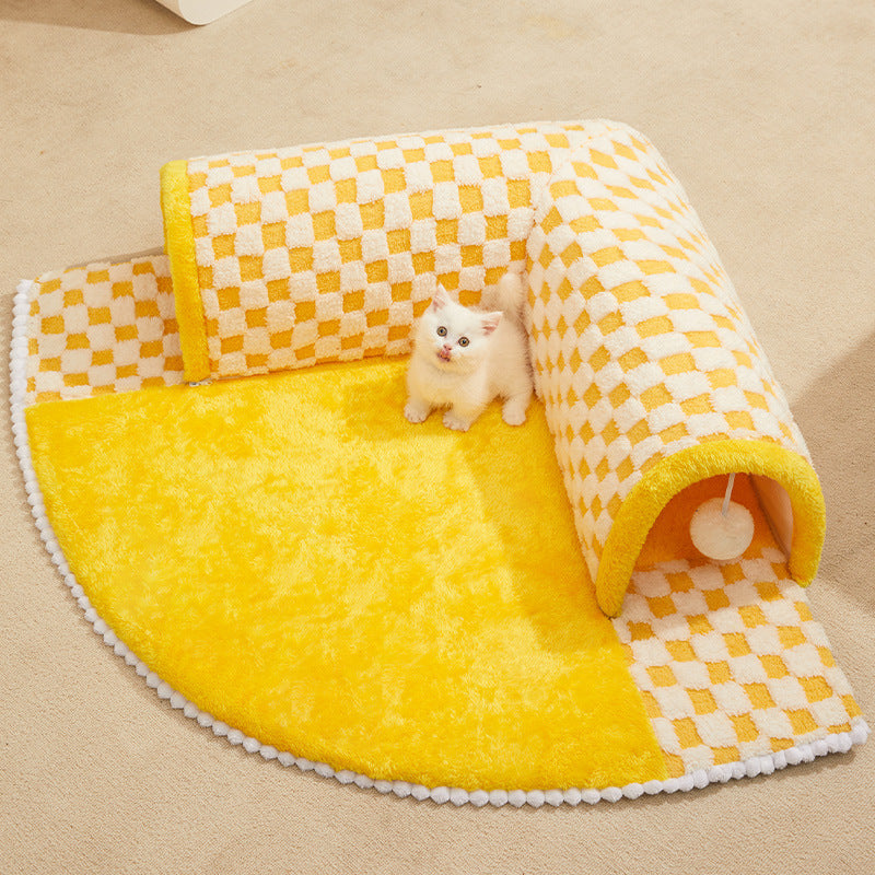 HKM-839699 Warm Removable Cat Tunnel Nest - Washable Pet Bed in Brown Plaid and Yellow Cheese