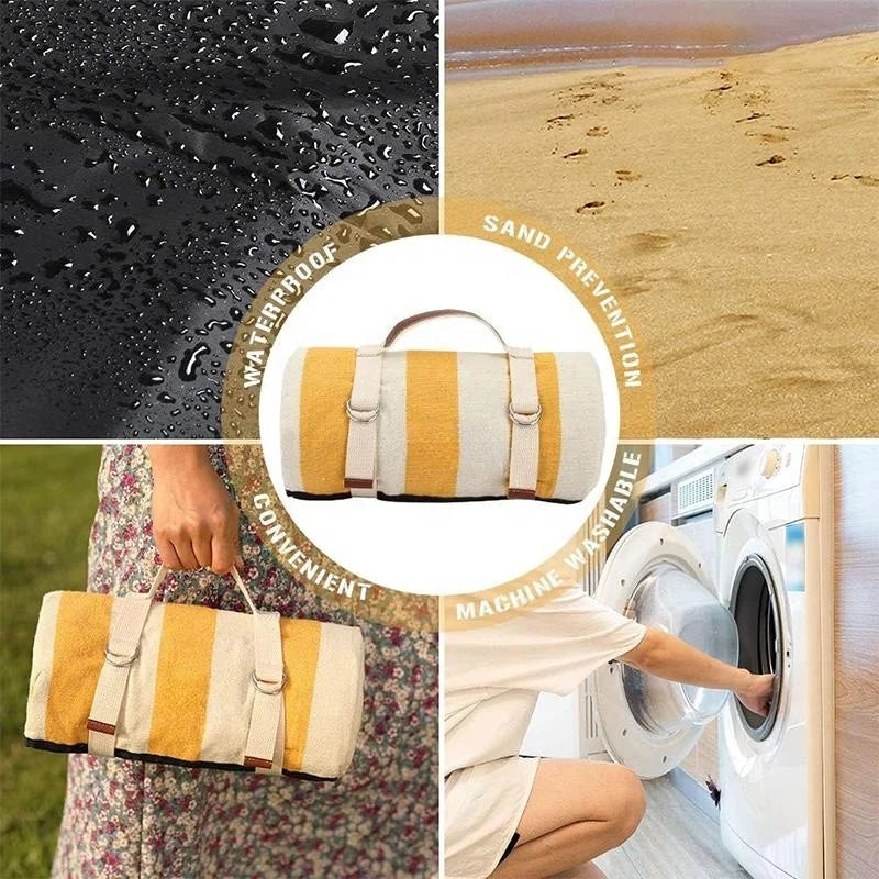 KTX-840915 Outdoor Eco-Friendly Waterproof Picnic Blanket with Leather Strap - Portable Recycled Oxford Mat for Camping and Beach